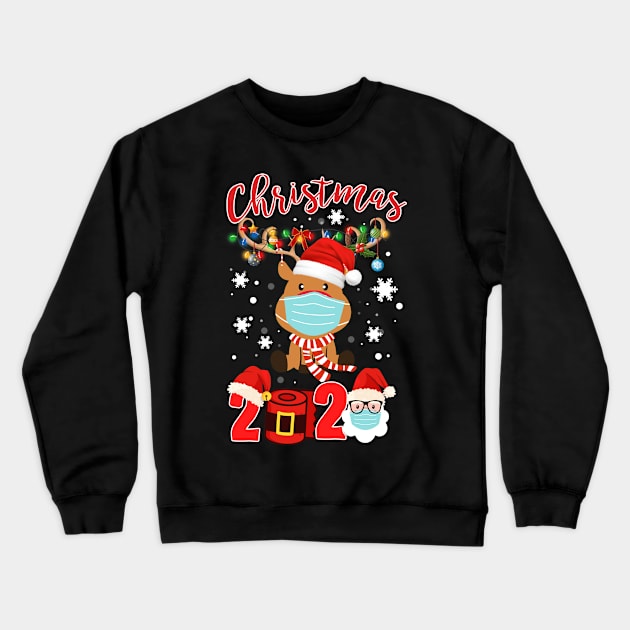 Santa Reindeer Wearing Facemask Candy Cane Snowflakes Tree light Merry Quarantine Christmas 2020 Crewneck Sweatshirt by mittievance